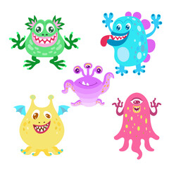 Set of funny cartoon monsters. Children's theme. For the design of prints, posters, stickers, cards and so on. Vector illustration.