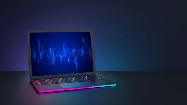 Laptop computer with blue pink lighting and blank screen place on dark background. 3D illustration image.