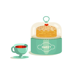 Cup of tea and cake colorful vector design element. Cake in portable storage container. Box for transporting pie, cake, cupcakes. Plastic round carrier container. Household baking tool illustration