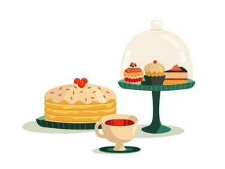 Tea with cake and cupcakes colorful design element. Bakery shop flat vector illustration. Coffee shop, bakery menu decor. Cupcake, muffin, cake slice. Holiday birthday restaurant party banner template