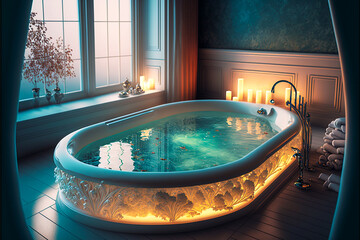 Luxury bathtub filled with warm water in a spa or home bathroom. Generative AI.