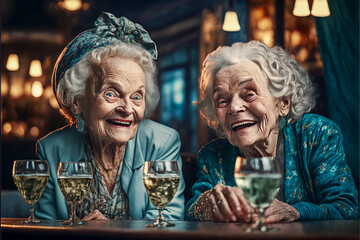 Two little old ladies drinking at a bar and laughing together having fun. Generative AI. - obrazy, fototapety, plakaty