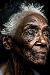 Old African American woman with black and white hair looking away. Generative AI