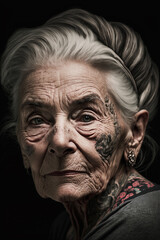 Mature old Caucasian woman with a tattoo on her face. Generative AI