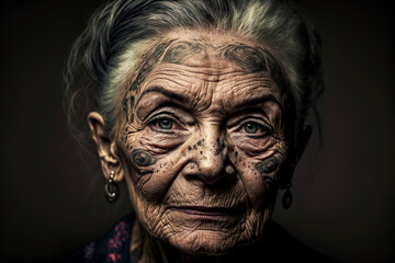 Fototapeta na wymiar Portrait of mature elderly woman with wrinkles and tattoo on her friendly face. Generative AI