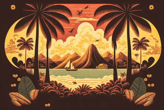 Vintage illustration of French Polynesia tropical islands with palm trees, ocean water and sailboat. Generative AI.