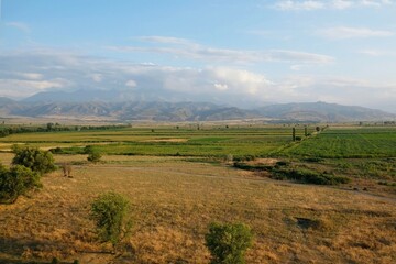Panorama from Burana Tower around Tokmok city. Minaret in the Chuya Valley in northern Kyrgyzstan dating from the 11th century.
