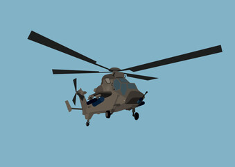 Fototapeta na wymiar illustration of Ukrainian military helicopter in sky isolated on blue.