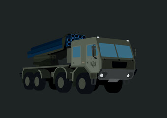 illustration of military hurricane vehicle with Ukrainian trident symbol isolated on grey.