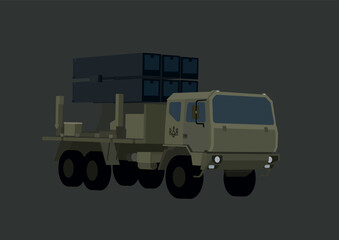 Fototapeta premium illustration of surface-to-air missile system with Ukrainian trident symbol isolated on grey.