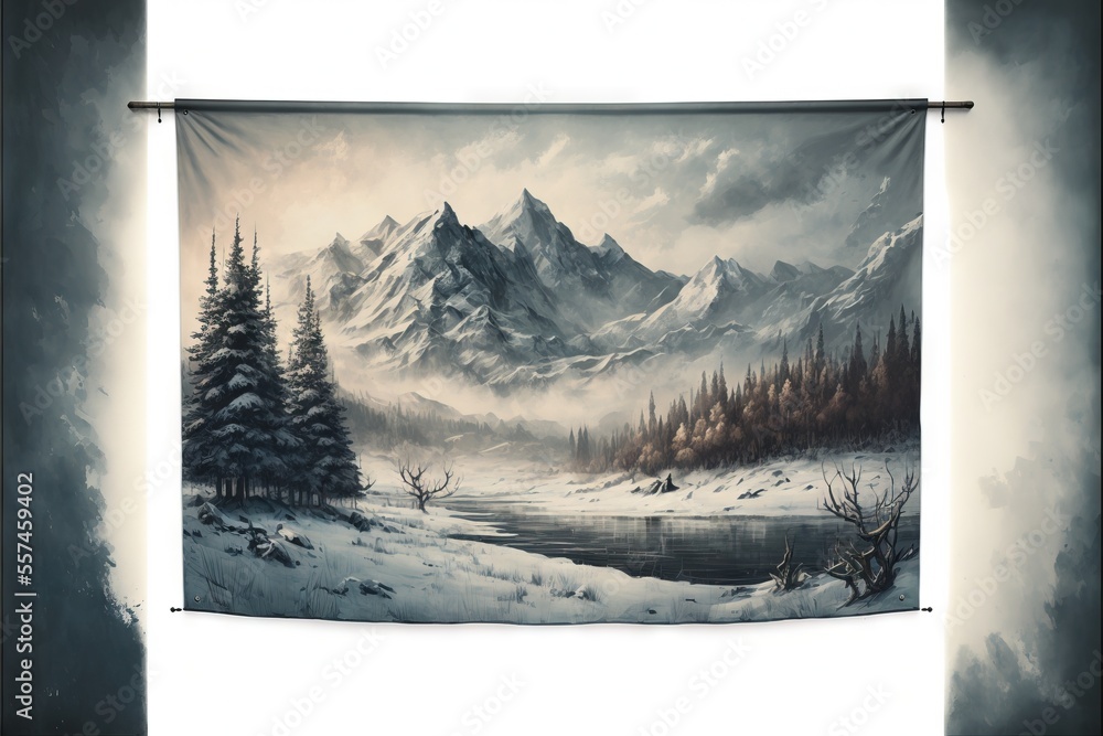 Poster a painting of a snowy mountain scene with a lake and trees in the foreground and a cloudy sky. gener