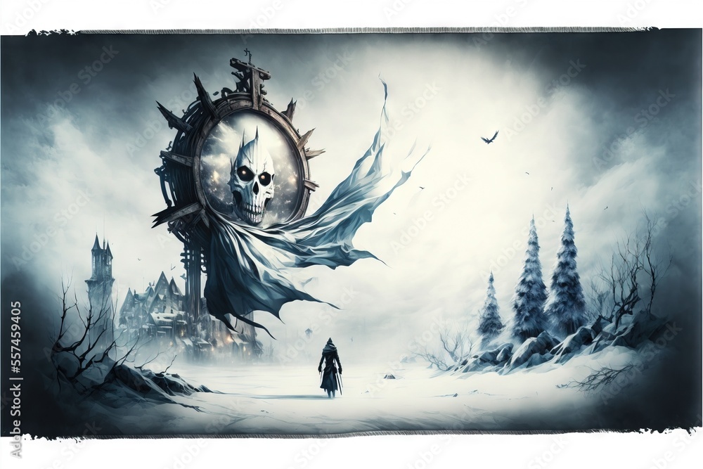 Poster a man walking through a snow covered forest next to a clock with a skull on it's face. generative ai