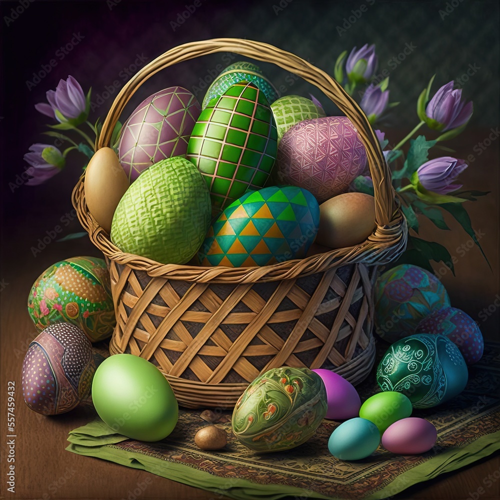 Poster a basket of colorful eggs on a table with flowers and a cloth on the tablecloth next to it. generati