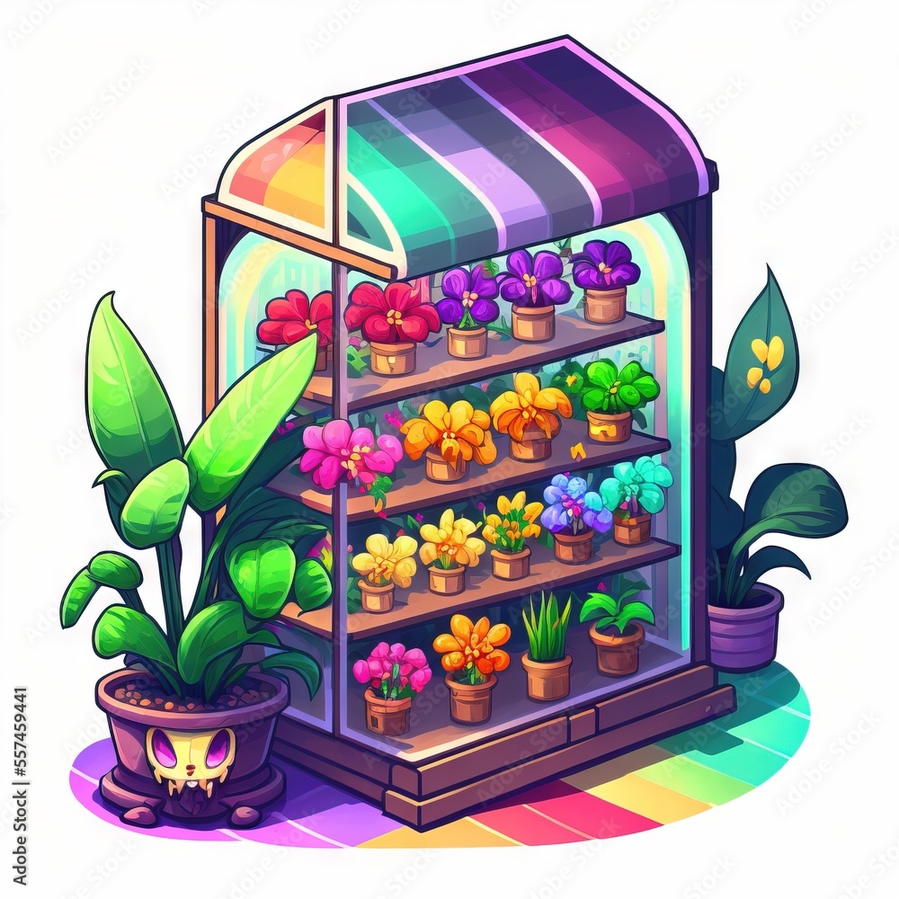 Poster a display case with flowers and plants inside of it on a rainbow colored background with a potted pl