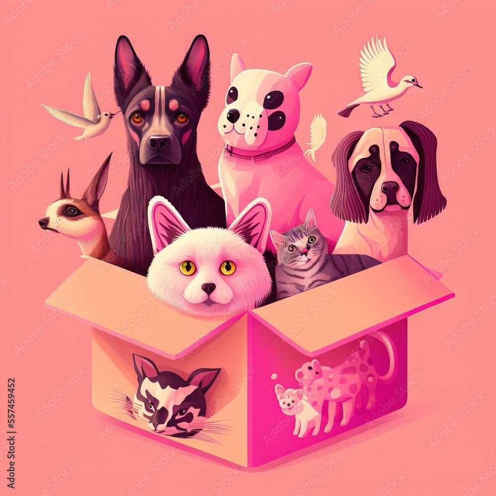 Poster a box with a bunch of different types of cats and dogs in it on a pink background with a bird. gener