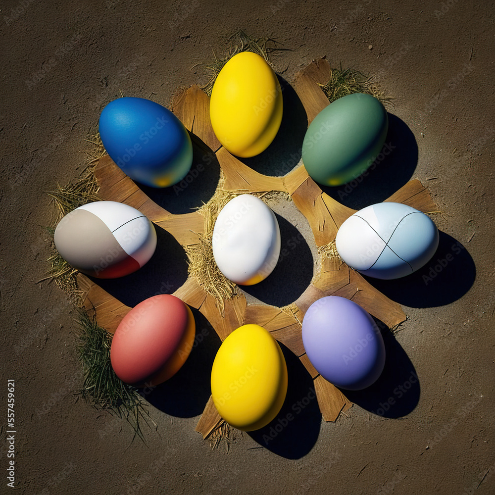Poster  a circle of eggs with the word easter on them in a circle on a table top with grass and a brown background. Generative AI