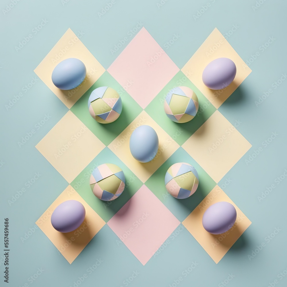 Poster a group of eggs sitting on top of a table next to each other on a checkered surface with pastel colo
