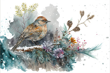 watercolor masterpiece with maximum texture of winter scenery wild bird cover of snow flowers and plants.genrative ai.
