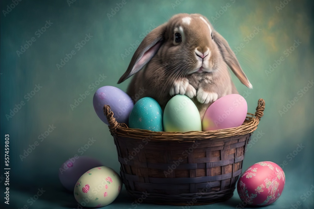 Poster a rabbit sitting in a basket with eggs in it and a green background behind it. generative ai