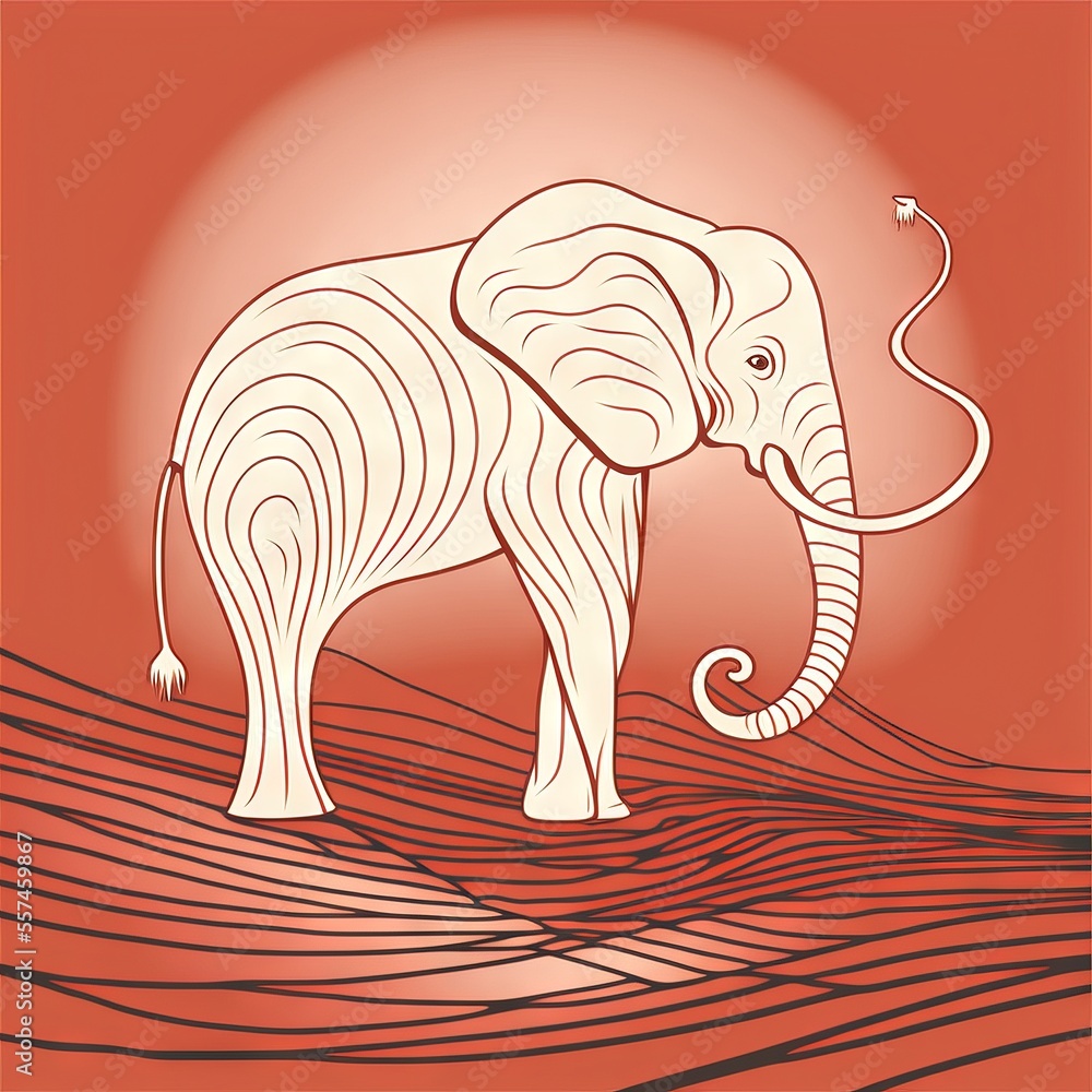 Aufkleber a drawing of an elephant standing in a field with a sunset in the background and a bird flying above