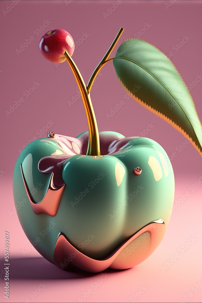 Poster a green apple with a leaf on top of it and a pink background behind it with a pink background. gener