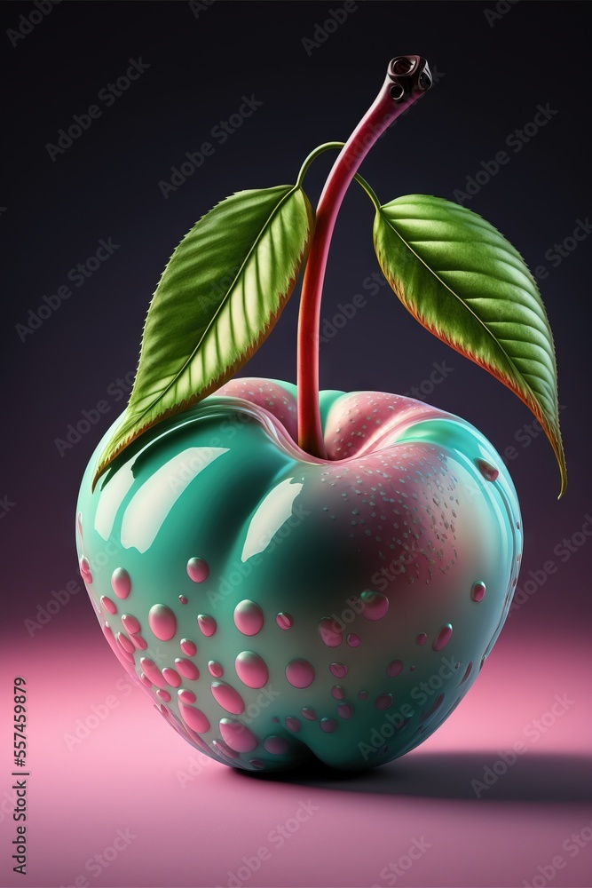 Aufkleber a green apple with a leaf on top of it and water droplets on the bottom of it. generative ai