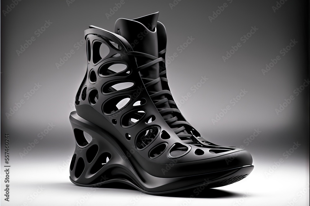Poster a pair of black shoes with holes on them on a gray background with a shadow of the shoe and the bott
