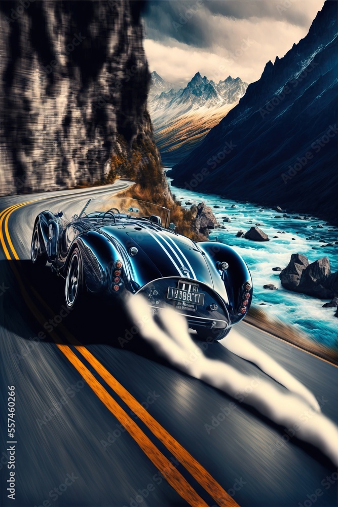 Poster a car driving down a road next to a mountain range with a river in the background and a mountain ran