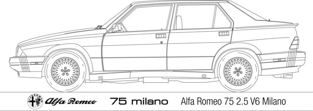 Italy, year 1986, Alfa Romeo model 75 Milano 2.5 V6 Milano, silhouette illustration