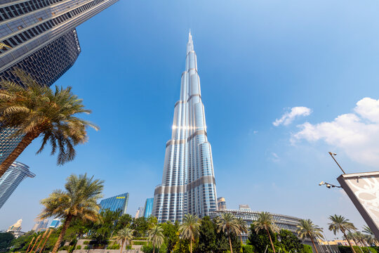 Low angle view of the Burj Khalifa skyscraper, the tallest building in the world, in the commercial downtown district of Dubai, United Arab Emirates, on November 29 2022.