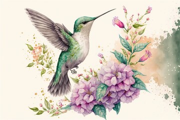 Stunning Hummingbird watercolor illustration made with Generative AI
 - obrazy, fototapety, plakaty