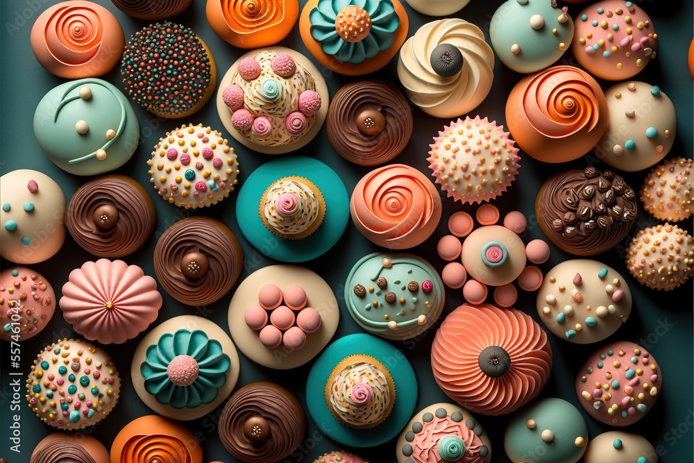 Poster a bunch of cupcakes that are on a table together in a box with a blue lid and a green box with a pin