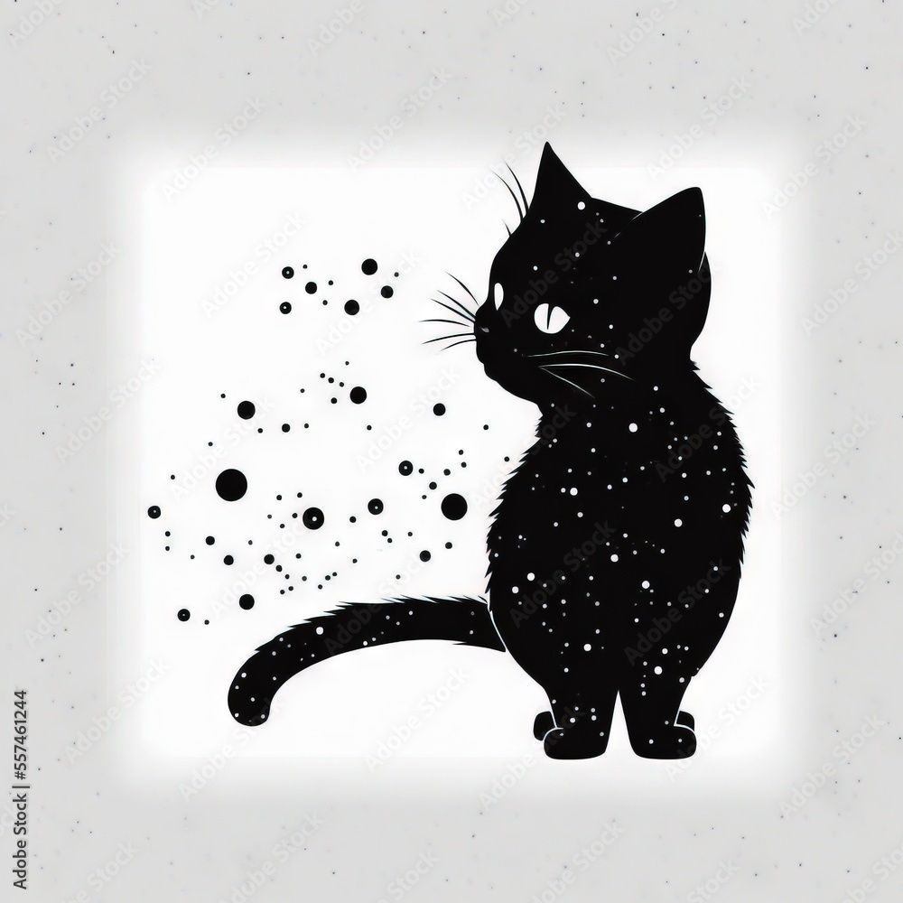 Poster a black cat sitting on a white background with bubbles of water around it and a white square frame a