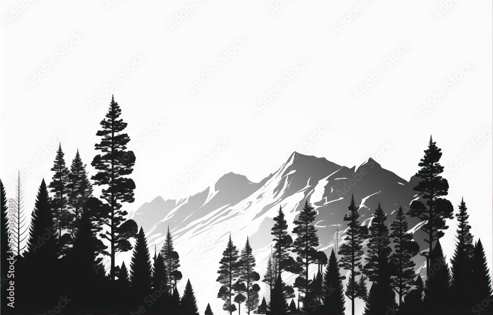 Poster a black and white picture of a mountain range with trees in the foreground and a white sky in the ba