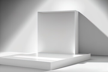Fototapeta premium Placing a white square stage platform for product displays, advertisements, and performances in a spotless space with a backdrop of sunlight and window shadows. Image in format. Generative AI