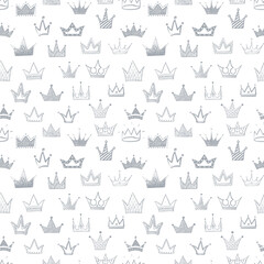 Seamless backrgound with grey doodle crowns on white background. Can be used for wallpaper, pattern fills, textile, web page background, surface textures.