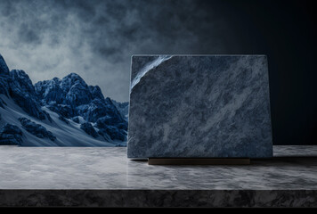 Podium for product advertisement or restaurant menus with beautiful mountain background Generative AI