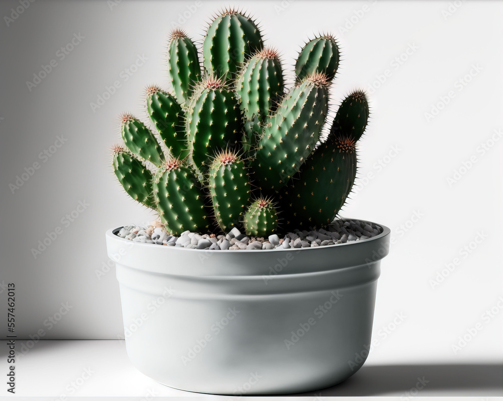Poster a cactus in a white pot on a shelf with a white background behind it and a white frame around it., g