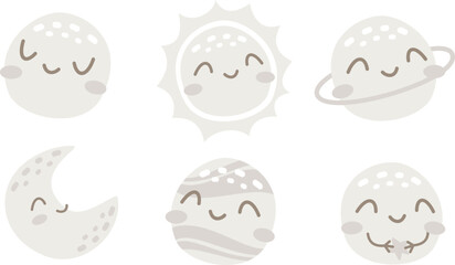 Vector collection of cute planets with faces. Moon, Mercury, Pluto, Crescent Moon. Illustrations for children's products 