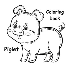 Cute pig piglet coloring book page. Funny little farm piggy domestic animal character. Children education game. Outline black and white kid preschool colouring activity worksheet. Line vector drawing