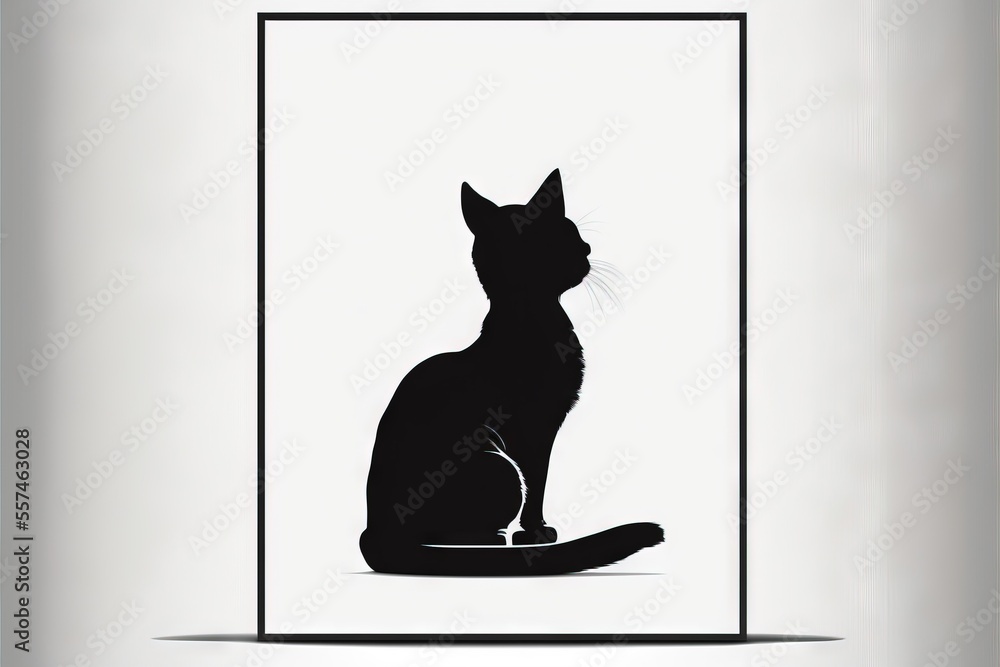 Poster a black cat sitting in a square frame on a white background with a shadow of a cat in the middle., generative ai