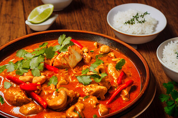 Delicious chicken with cashew red curry Generative AI