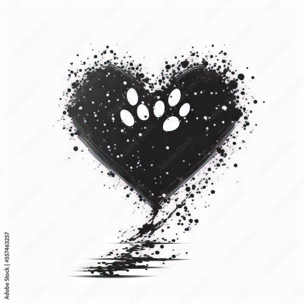 Poster a heart with paw prints on it and a black background with white spots on it and a black spray of pai