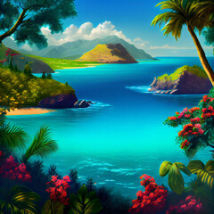 A tropical island.  Gorgeous landscape with flowers and trees,  blue ocean and rocks. Oil painted art created with Generative AI technology
