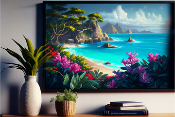An oil painted picture of a tropical Island and the blue ocean stands against the wall on a wooden table. Art created with Generative AI technology
