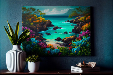 An interior with oil painted picture of a tropical Island and the blue ocean stands against the wall on a wooden table. Art created with Generative AI technology
