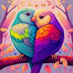 Two love parrots in rainbow colors illustartion