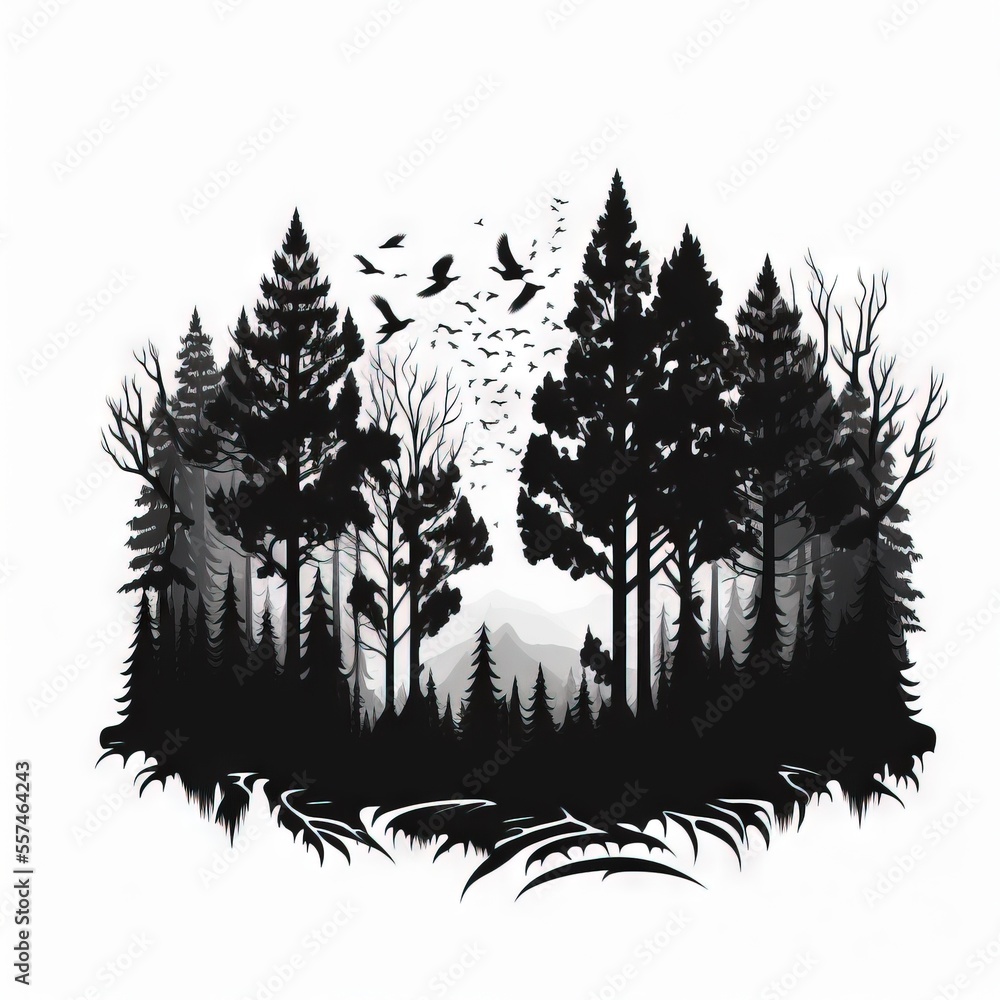 Poster a black and white drawing of a forest with birds flying over it and trees in the background with a w