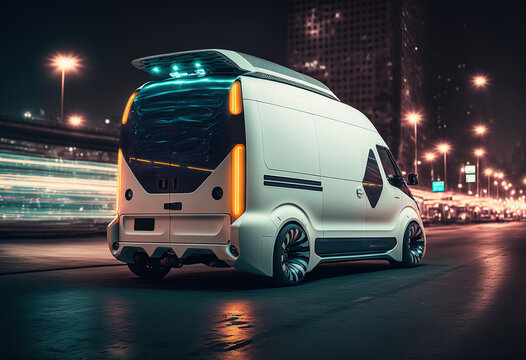 White futuristic panel van or compact commercial vehicle in a night city, rear right angle view, Generative AI