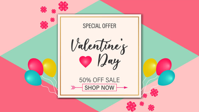 Valentine's Day Sale 50% Off Poster or banner with sweet heart and pink background